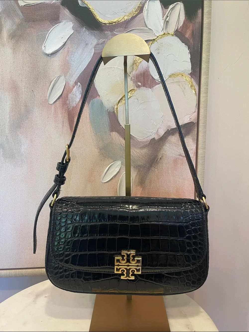 Tory Burch Black Croc-Embossed Leather Shoulder Bag with Gold Logo